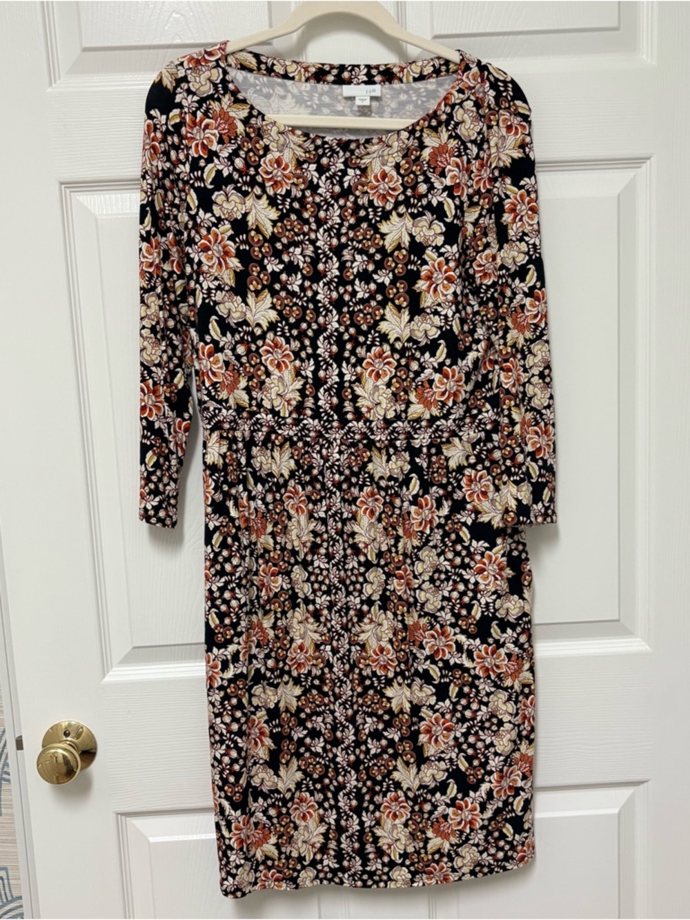 J. Jill Black Floral Long-Sleeve Dress with Rust and Cream Flowers
